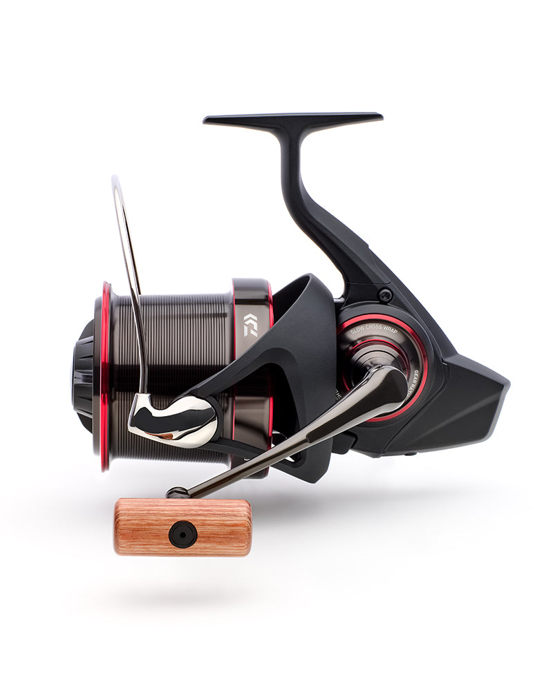 Daiwa 26 Tournament Basia 45 SCW QD reel, front-left view with the wooden handle knob