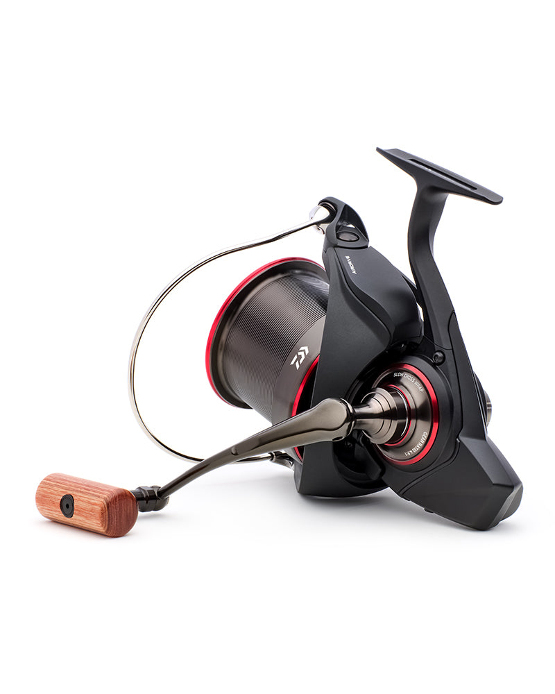 Daiwa 26 Tournament Basia 45 SCW QD reel, handle side showing the machine-cut aluminium screw-in handle