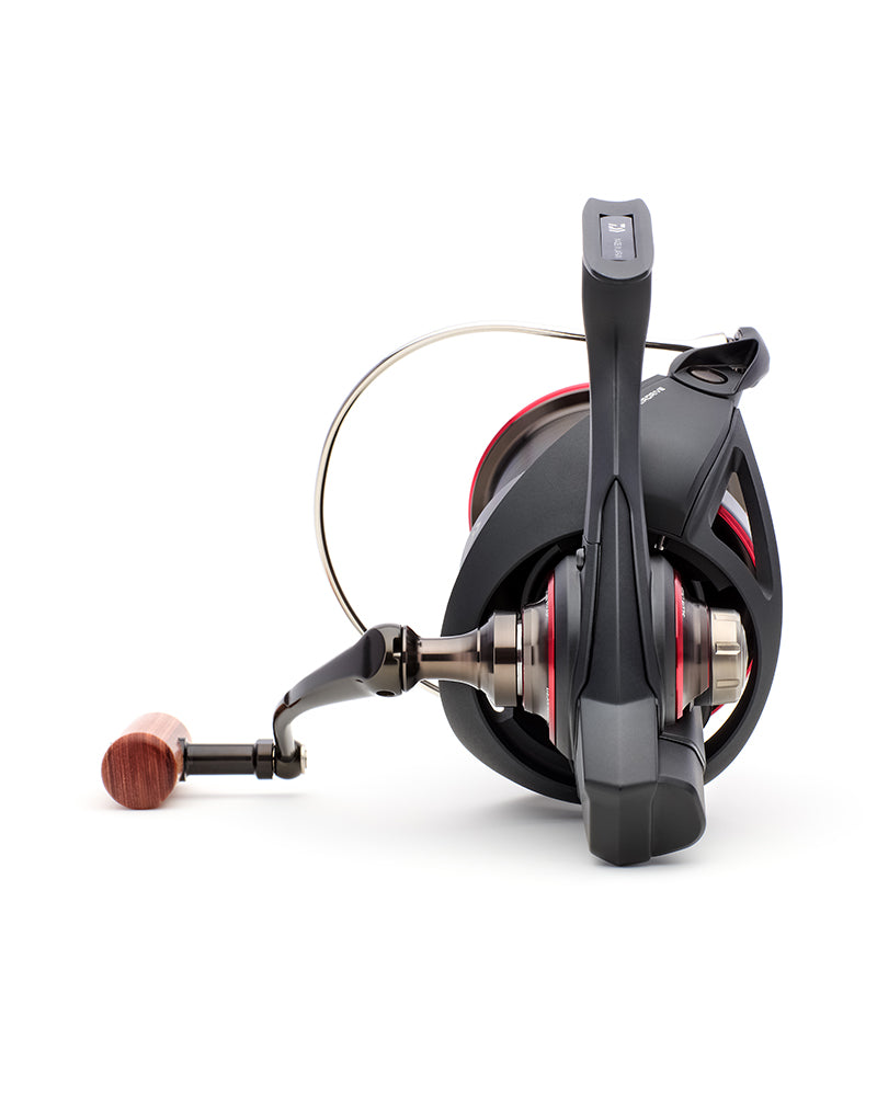 Daiwa 26 Tournament Basia 45 SCW QD reel, rear view showing the enlarged anti-reverse lever