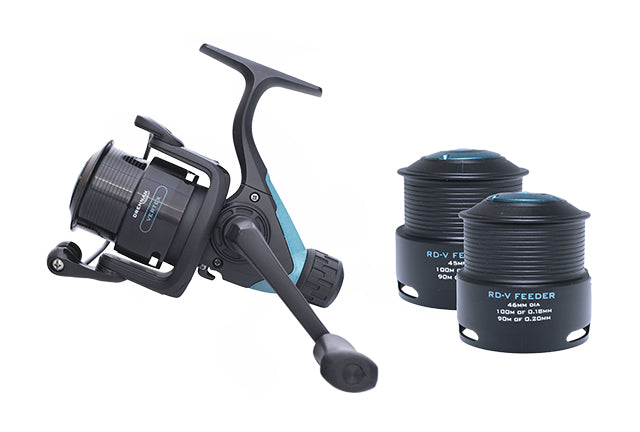 Drennan Vertex 4000 rear drag feeder reel photographed with two of its spare RD-V Feeder spools
