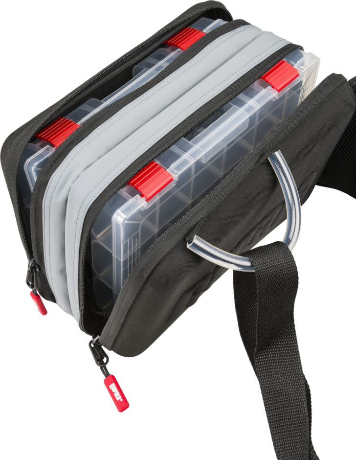 Rapala CountDown Sling Bag Pro from above with two clear tackle boxes fitted into the compartments, metal D-ring and padded strap alongside