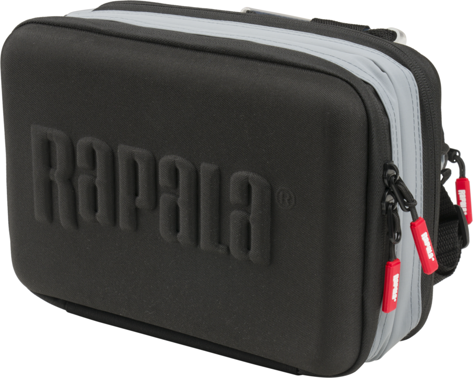 Rapala CountDown Sling Bag Pro closed, showing the moulded black front panel with embossed Rapala logo, grey side panels and red Rapala zip pulls