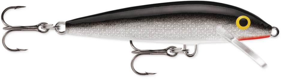 Silver (S): balsa minnow with a black back, silver foil flank, white belly and a red throat under the clear lip