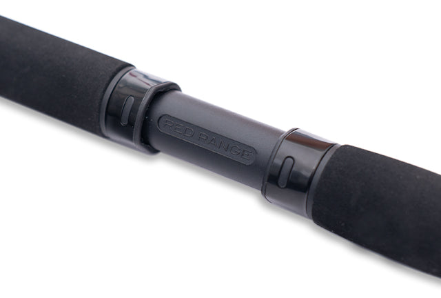 Drennan Red Range rod detail: screw reel seat moulded RED RANGE, set between two black EVA grips