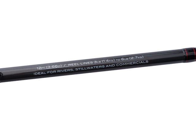 Specification printed on the Drennan Red Range Float Fish 12ft blank: 12ft (3.66m), reel lines 3lb to 6lb, ideal for rivers, stillwaters and commercials