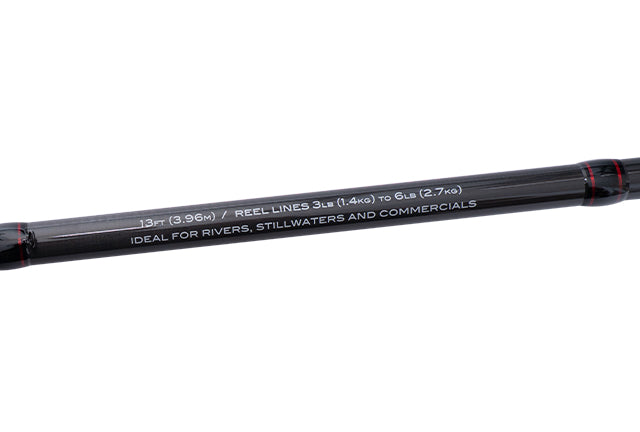 Specification printed on the Drennan Red Range Float Fish 13ft blank: 13ft (3.96m), reel lines 3lb to 6lb, ideal for rivers, stillwaters and commercials