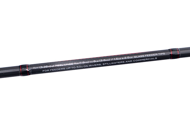 Specification printed on the Drennan Red Range Medium Feeder 11ft blank: 11ft (3.35m), reel lines 4lb to 8lb, 1.5oz and 2.5oz glass feeder tips, feeders up to 50g