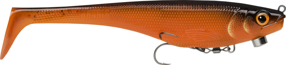 Lava Roach (LAR): burnt orange and copper body under a black back, with an orange eye and orange paddle tail