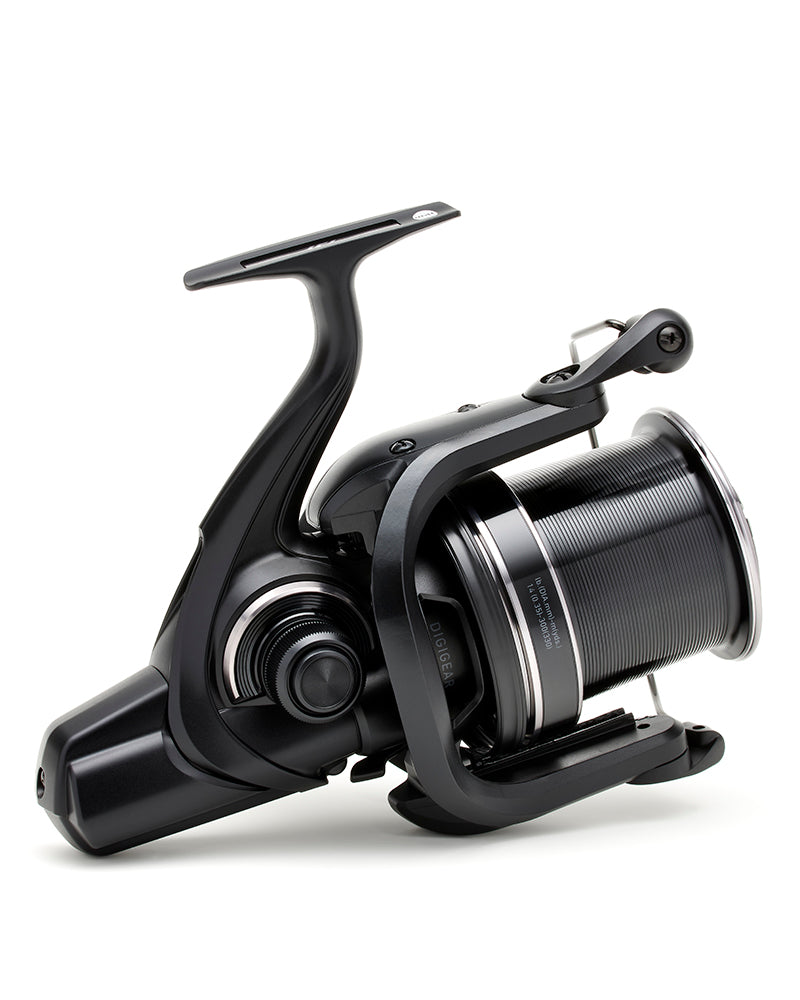 Daiwa 23 Emblem 45 SCW QD reel showing the Digigear rotor arm and spool line-capacity print