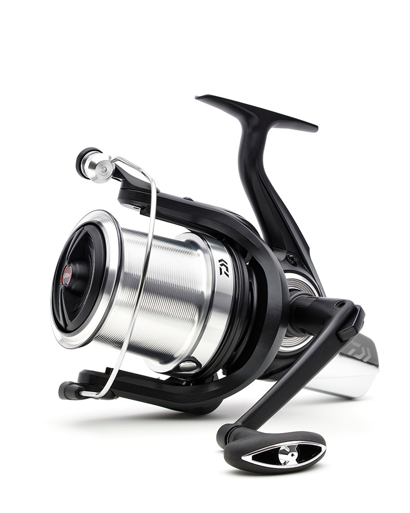 Daiwa 23 Super Spod 45 SCW reel, front-left view of the silver alloy spool