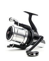 Daiwa 23 Super Spod 45 SCW reel, front-left view of the silver alloy spool