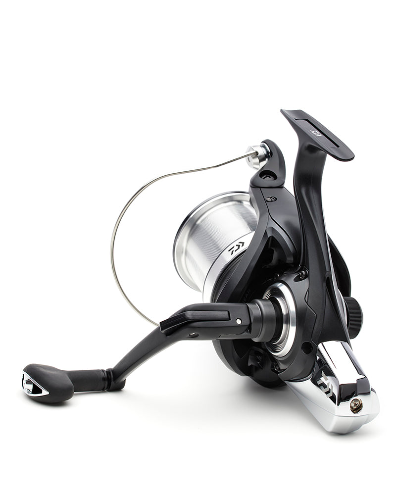 Daiwa 23 Super Spod 45 SCW reel with the one-touch handle folded flat