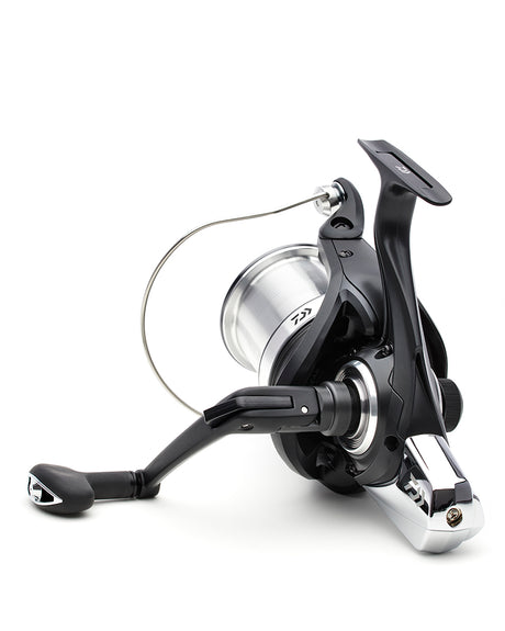 Daiwa 23 Super Spod 45 SCW reel with the one-touch handle folded flat