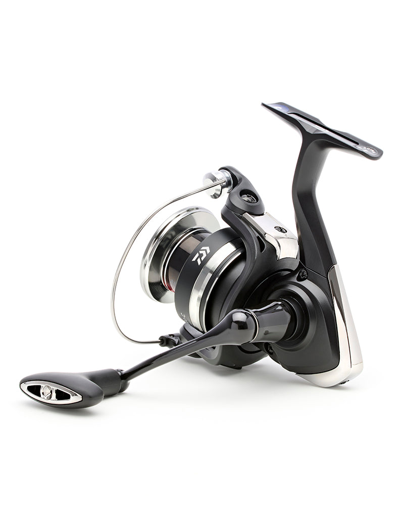 Daiwa 25 RZ reel, rear three-quarter view showing the slim metal handle arm