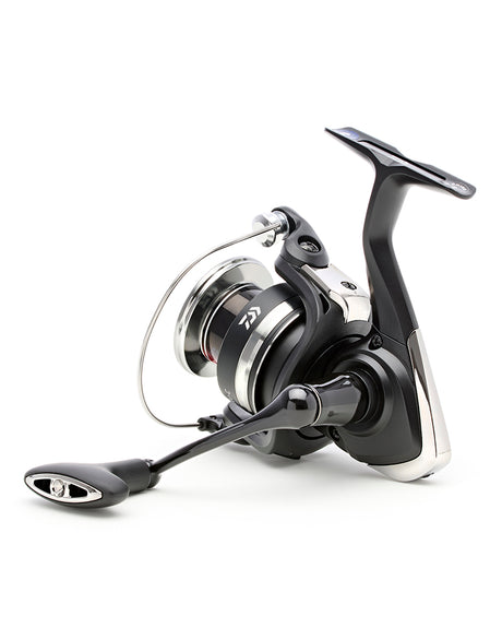 Daiwa 25 RZ reel, rear three-quarter view showing the slim metal handle arm