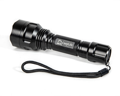 CarpLife Compact Bird Torch on white, three-quarter view showing the fluted alloy head, knurled grip and tail switch