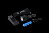 CarpLife Compact Bird Torch pack contents - torch, zipped neoprene case, charging dock, 18650 Li-ion battery and USB cable