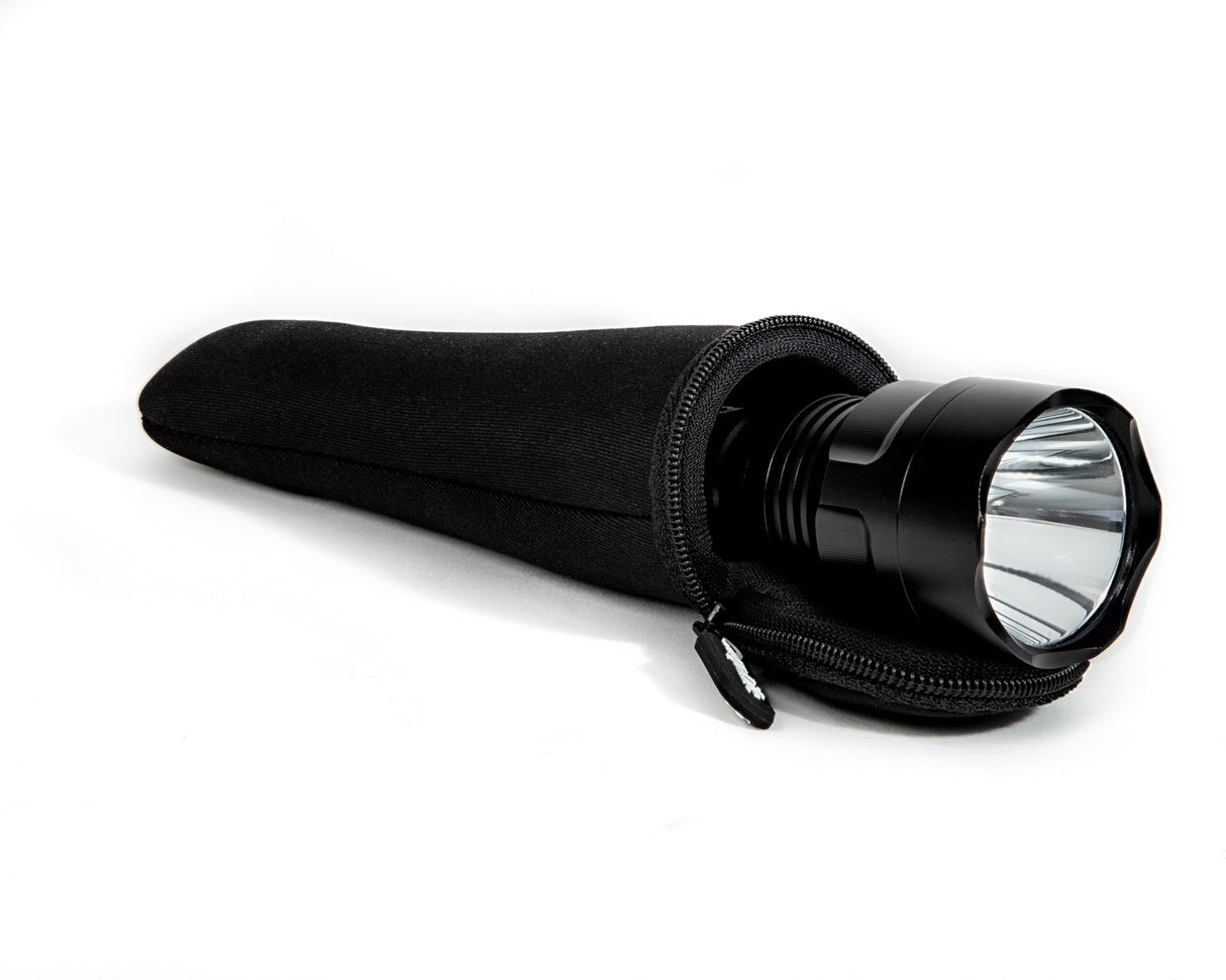 CarpLife Compact Bird Torch head emerging from the open zip of its neoprene case