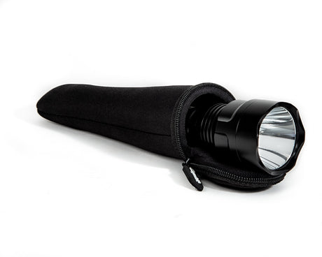 CarpLife Compact Bird Torch head emerging from the open zip of its neoprene case