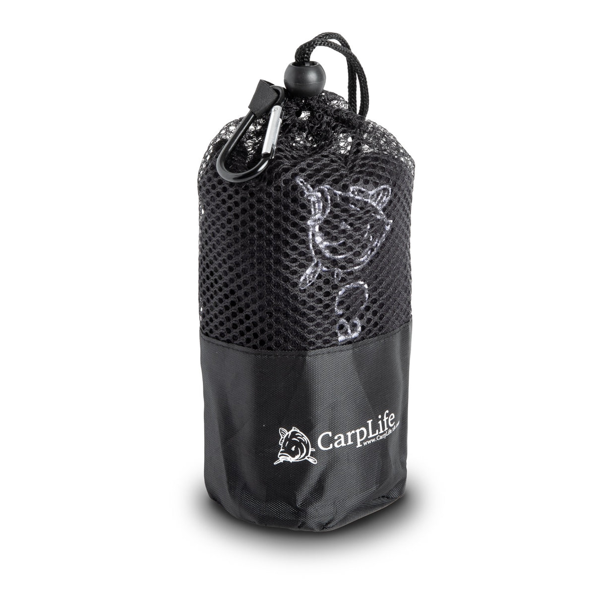 CarpLife Micro Fibre Hand Towel storage bag with mesh top, embroidered carp head, drawcord toggle and carabiner clip