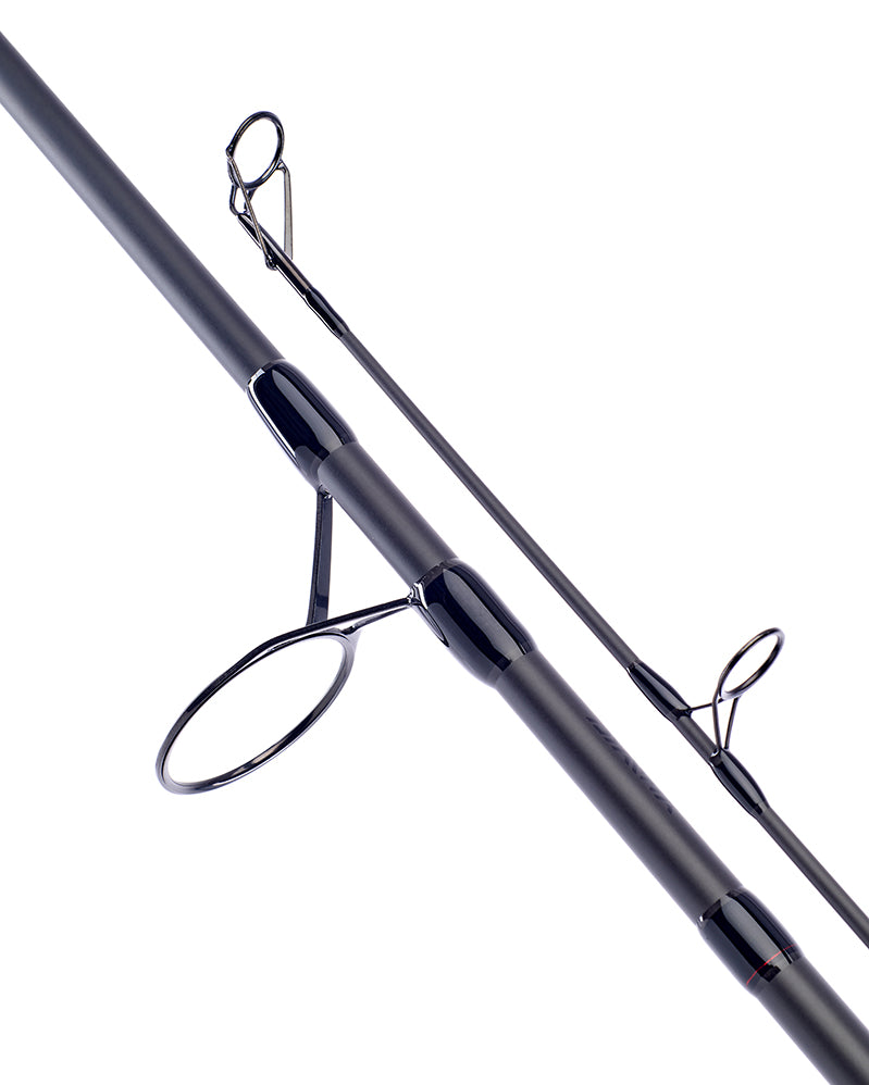 Daiwa Black Widow + carp rod, close-up of the lightweight skeletal guides on the matt blank