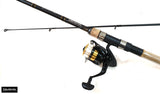 Daiwa D Shock 7ft spinning combo, the made-up rod and 3000 size reel from the reel-seat side, blank marked D-SHOCK F702M