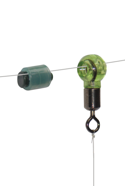 Drennan Leger Stop threaded on line with the plug pushed home, alongside a bead and swivel