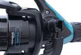 Drennan Vertex 4000 feeder reel body close-up showing the Vertex badge and the one-touch folding handle latch
