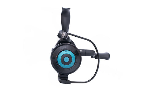 Drennan Vertex 4000 feeder reel from behind, showing the teal rear drag dial set into the body
