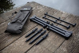 Solar A1 Aluminium Ground Pod broken down, showing the zipped carry bag, two pairs of uprights, two 3-rod buzz bars and the main bar
