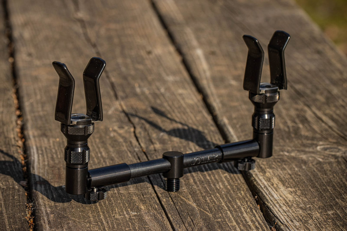 A pair of Solar Black-Lite Centre-Loc back rests fitted to a black 2-rod buzz bar