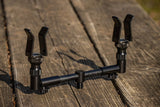 A pair of Solar Black-Lite Centre-Loc back rests fitted to a black 2-rod buzz bar