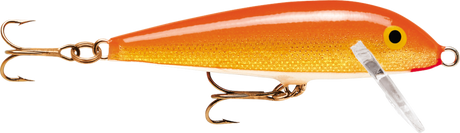 Gold Fluorescent Red (GFR): fluorescent orange back over a plain gold glitter body, hung on bronze trebles