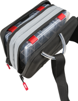 Rapala CountDown Sling Bag Pro from above with two clear tackle boxes fitted into the compartments, metal D-ring and padded strap alongside