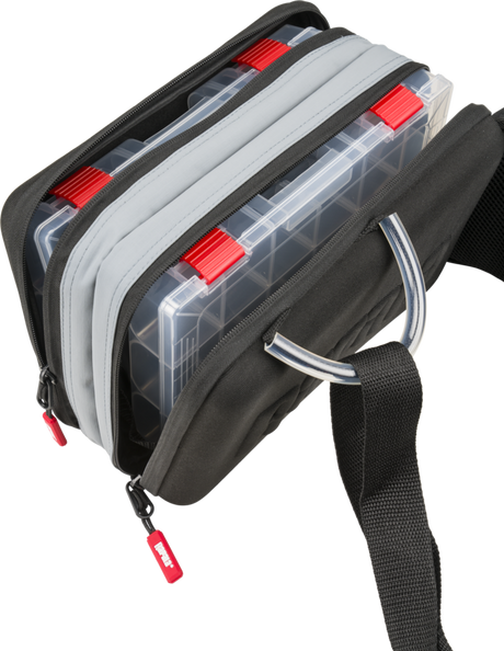 Rapala CountDown Sling Bag Pro from above with two clear tackle boxes fitted into the compartments, metal D-ring and padded strap alongside