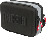 Rapala CountDown Sling Bag Pro closed, showing the moulded black front panel with embossed Rapala logo, grey side panels and red Rapala zip pulls