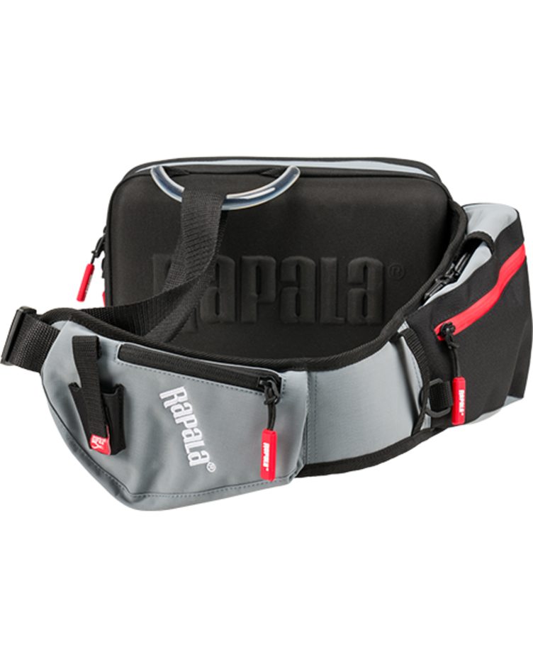 Rapala CountDown Sling Bag Pro from the strap side, showing the grey padded sling with its zipped pocket and the D-ring on top of the body