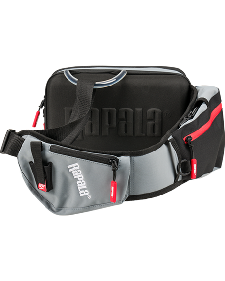 Rapala CountDown Sling Bag Pro from the strap side, showing the grey padded sling with its zipped pocket and the D-ring on top of the body