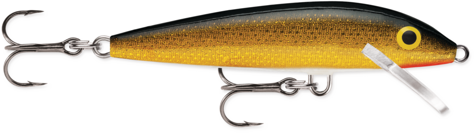 Gold (G): balsa minnow with a black back, gold glitter flank, red throat and a yellow-and-black eye