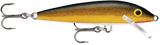Gold (G): balsa minnow with a black back, gold glitter flank, red throat and a yellow-and-black eye