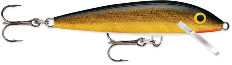 Gold (G): balsa minnow with a black back, gold glitter flank, red throat and a yellow-and-black eye
