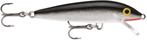 Silver (S): balsa minnow with a black back, silver foil flank, white belly and a red throat under the clear lip