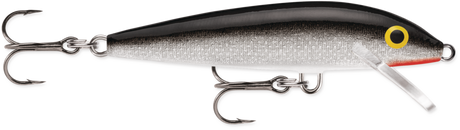 Silver (S): balsa minnow with a black back, silver foil flank, white belly and a red throat under the clear lip
