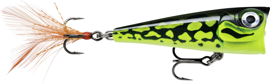 Lime Frog (LF): black back with lime-green frog mottling and a barred head, orange feathered tail treble