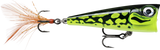Lime Frog (LF): black back with lime-green frog mottling and a barred head, orange feathered tail treble