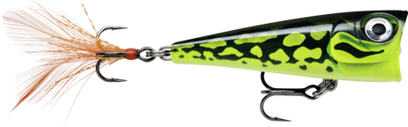 Lime Frog (LF): black back with lime-green frog mottling and a barred head, orange feathered tail treble