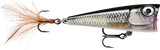 Live Roach (ROL): cupped-face popper in silver roach scaling with a bronze flank and an orange feathered tail treble