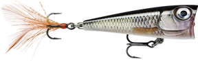 Live Roach (ROL): cupped-face popper in silver roach scaling with a bronze flank and an orange feathered tail treble