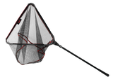 Rapala Folding Net seen from the side with the triangular head open, showing the depth of the red-trimmed rubberised mesh and the one-piece fixed handle