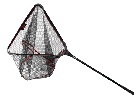 Rapala Folding Net seen from the side with the triangular head open, showing the depth of the red-trimmed rubberised mesh and the one-piece fixed handle